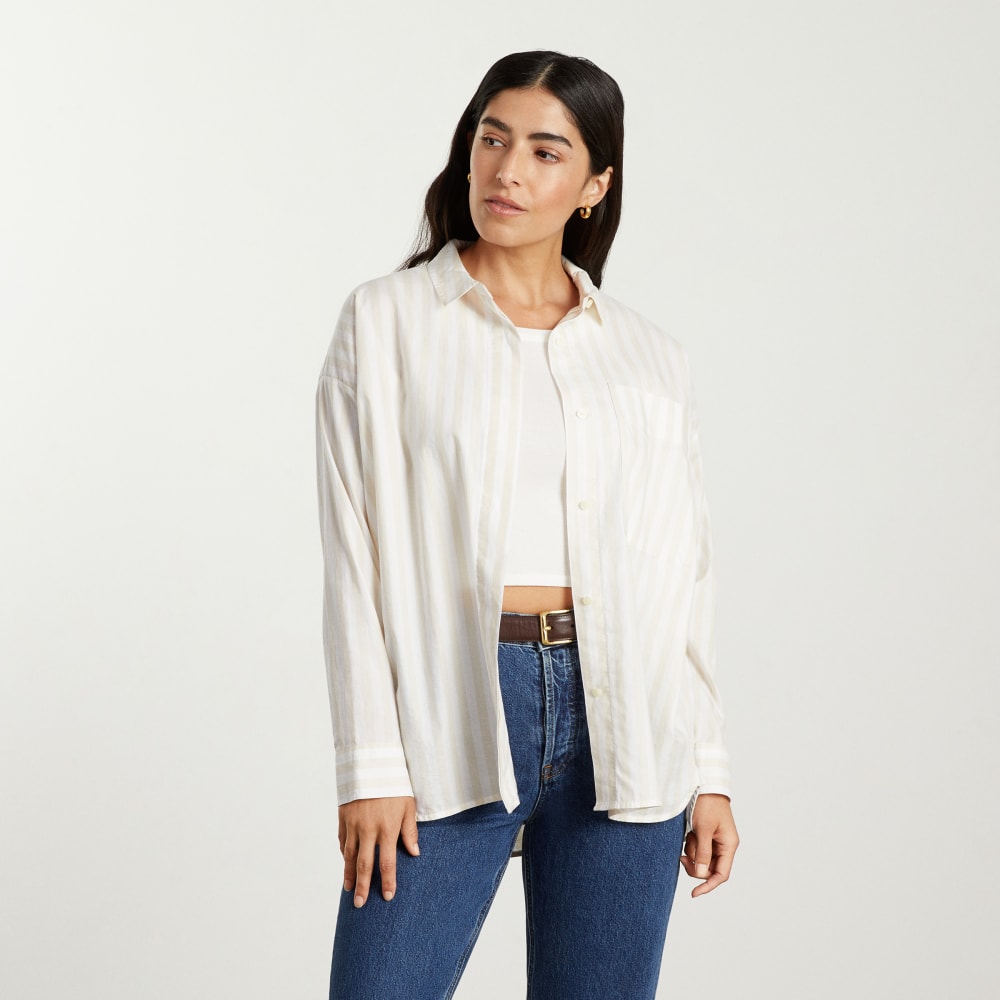 The Oversized Silky Cotton Shirt in Sand / White — alternate view