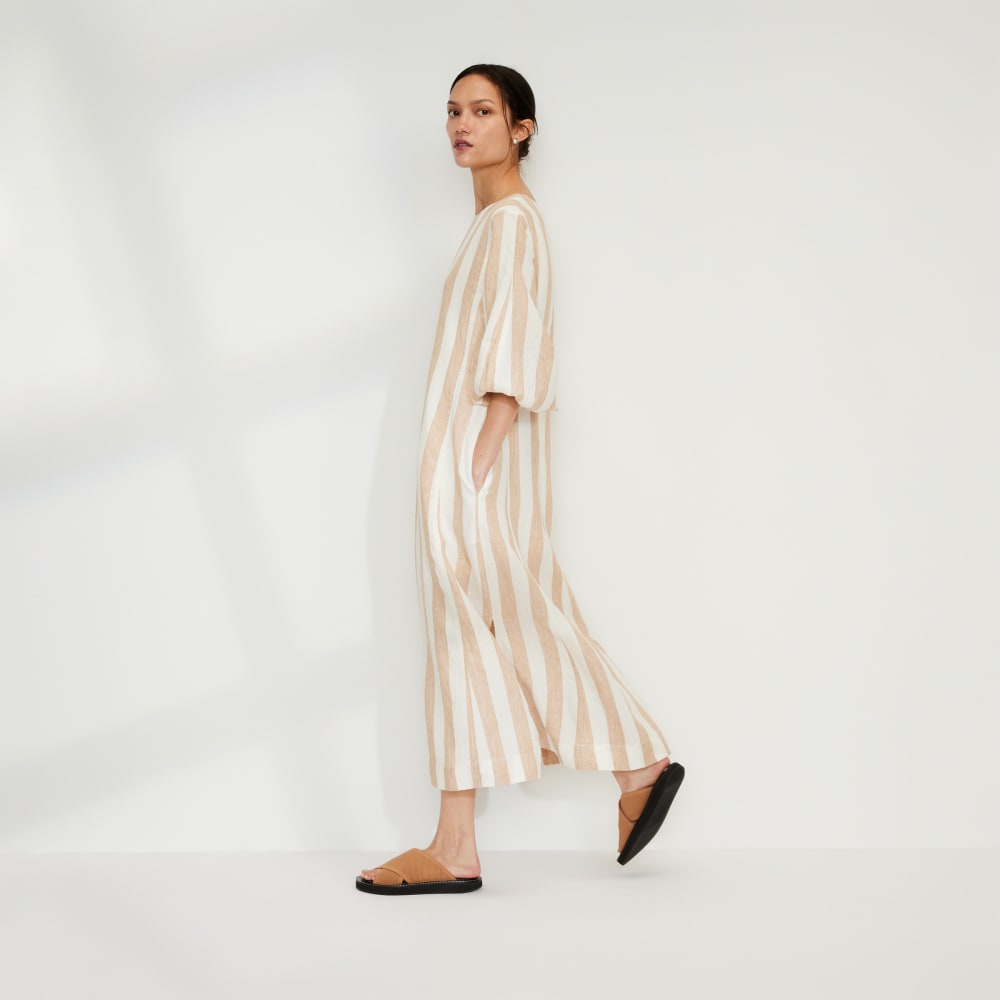 The Linen A-Line Midi Dress in Bone / Caramel — front view