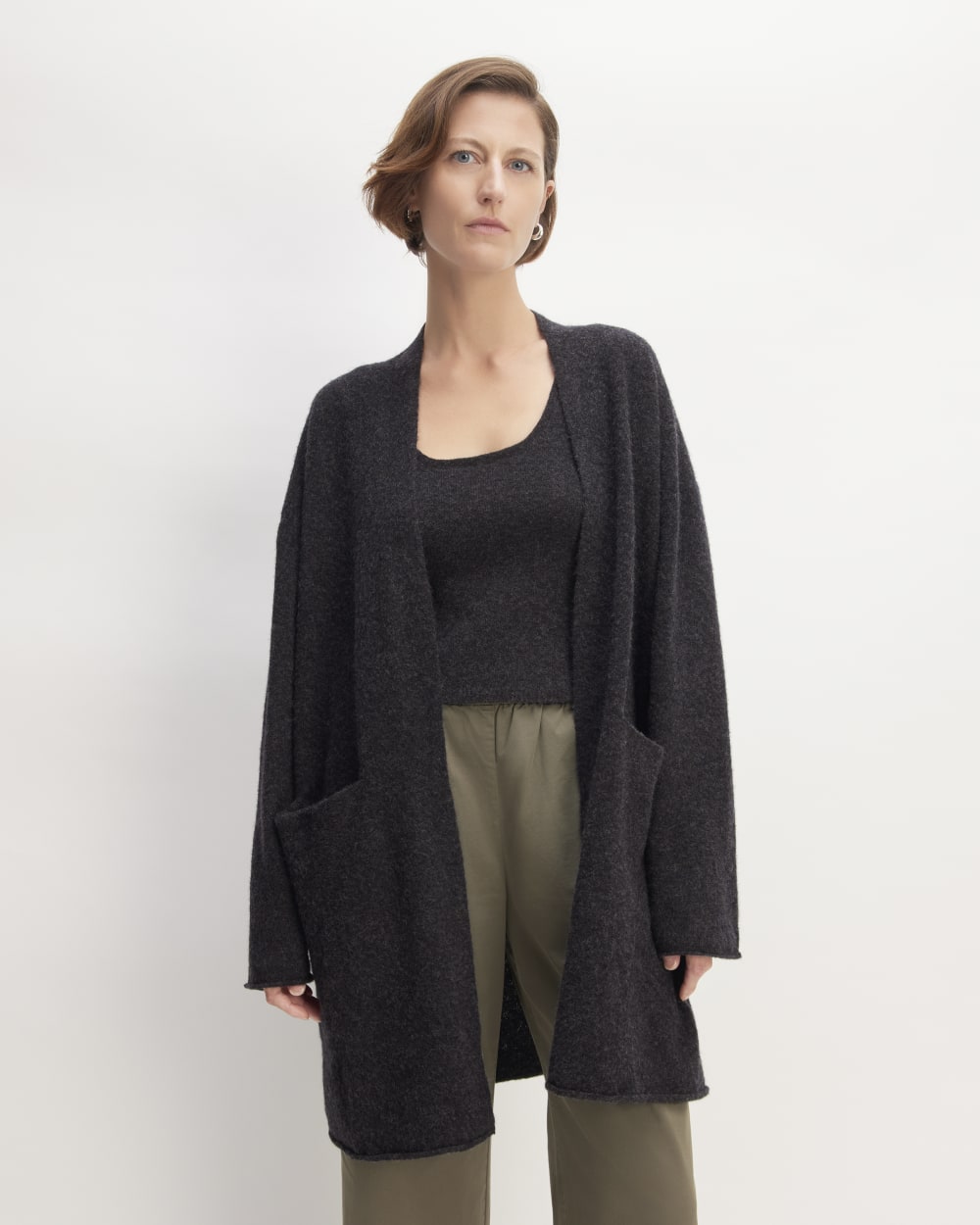The Cozy-Stretch Long Cardigan in Charcoal — front view