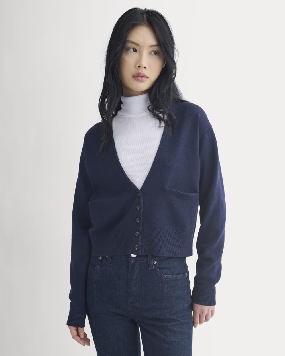 Deep V-Neck Cardigan in Cotton Merino in Navy — front view