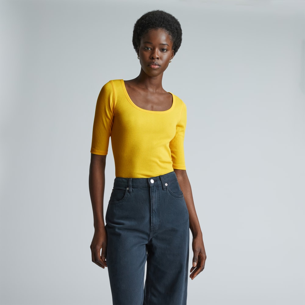 The Luxe Micro-Rib Scoop-Neck Tee in High Visibility Yellow — front view
