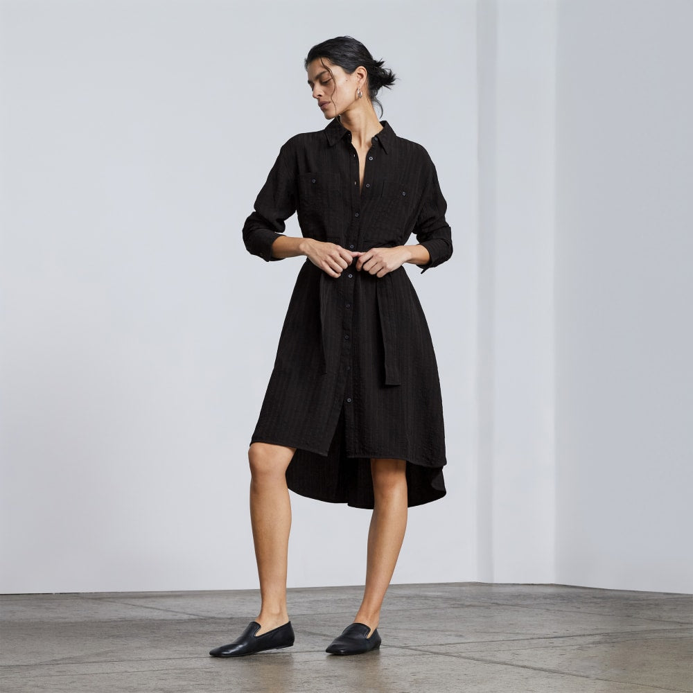 The City Stripe Draped Shirt Dress in Black — front view