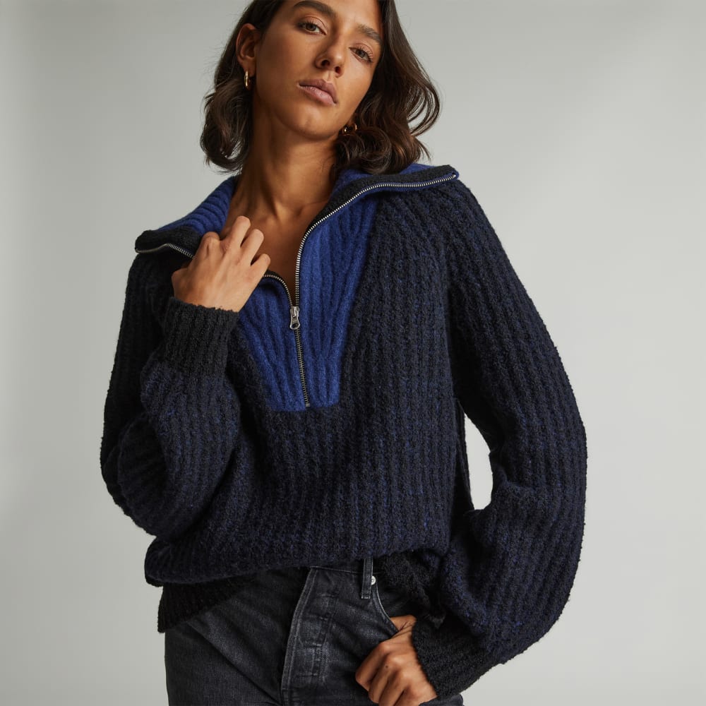 The Luxe Teddy Oversized Half Zip Sweater in Black / Ocean Cavern — front view