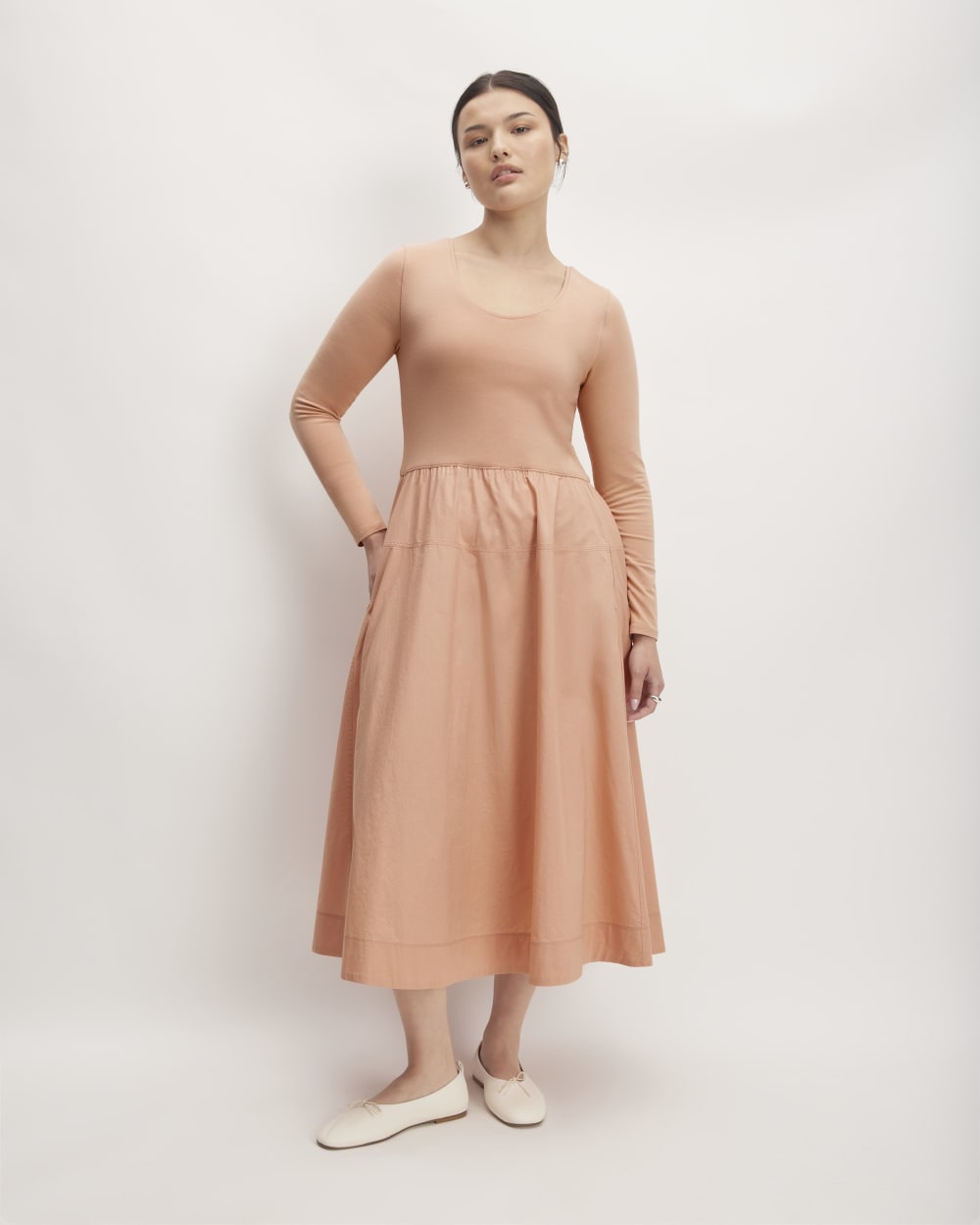 The Long-Sleeve Riviera Dress in Blush Pink — front view