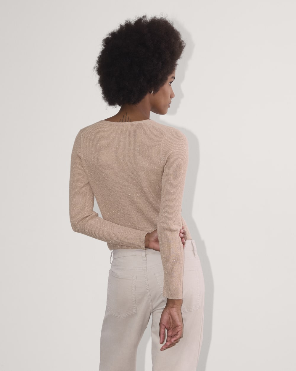 The Cardigan in Lurex Merino in Rose Gold — detail view