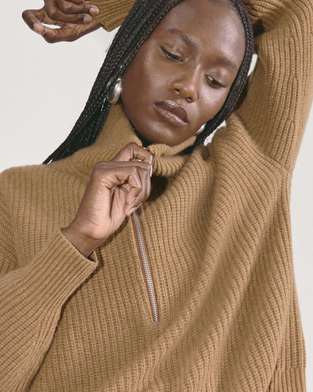 The Half-Zip Sweater in Luxe Merino in Deep Camel — front view
