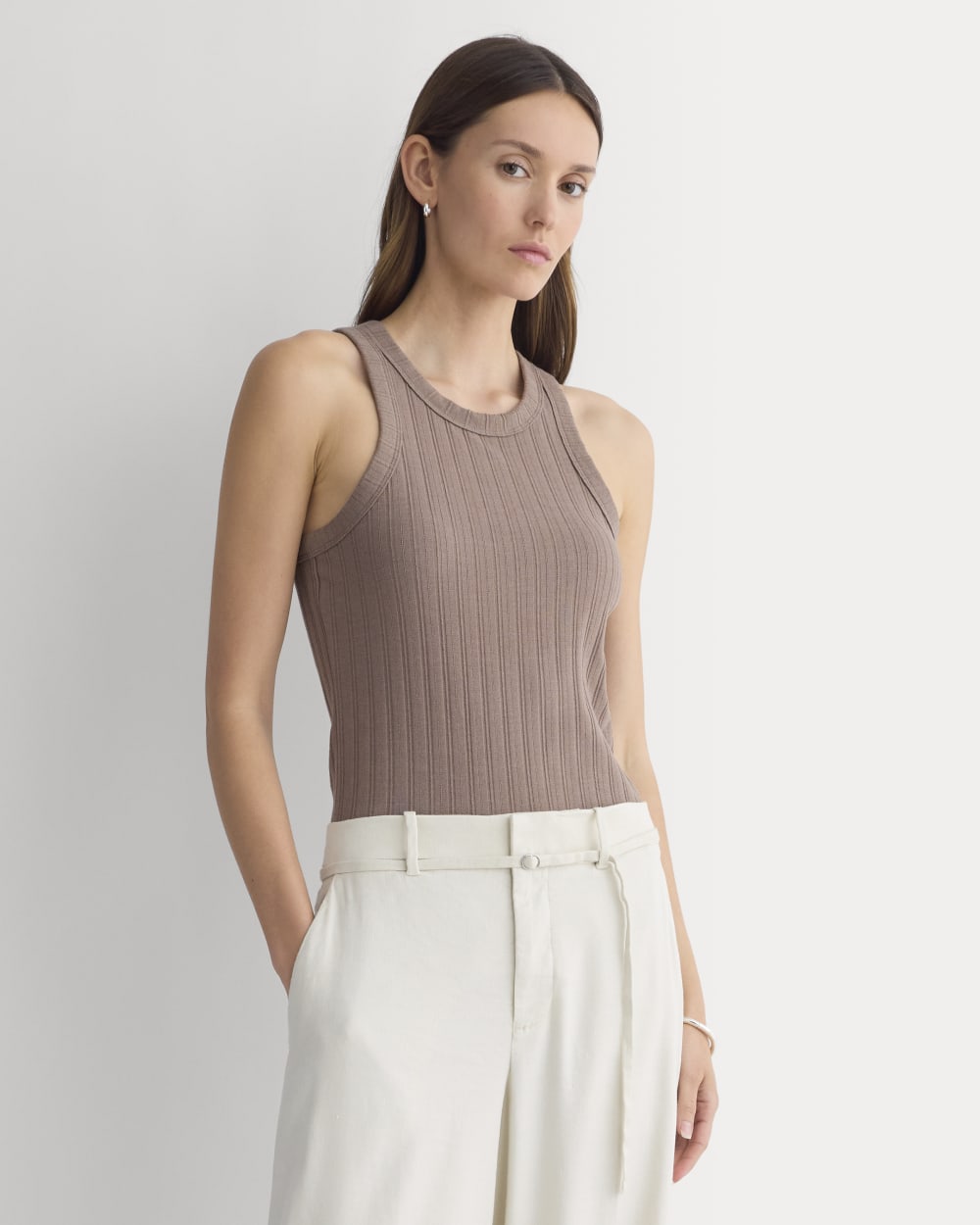 Racerback Tank in Pointelle in Heathered Chocolate Chip — front view