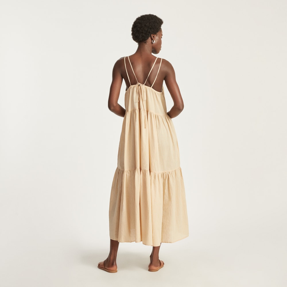 The Billow Tiered Maxi Dress in Orange Plaid — detail view