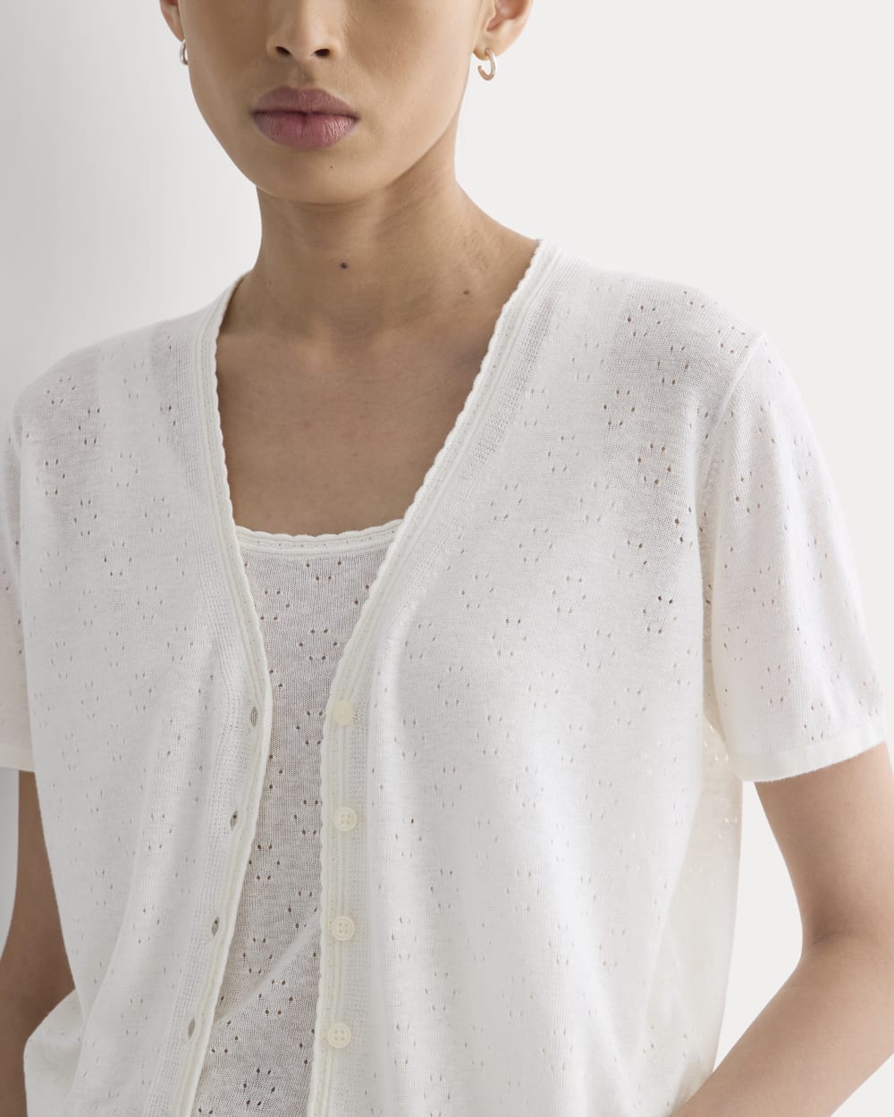 Lace Trim Cardigan in Fine Linen in Bone — detail view