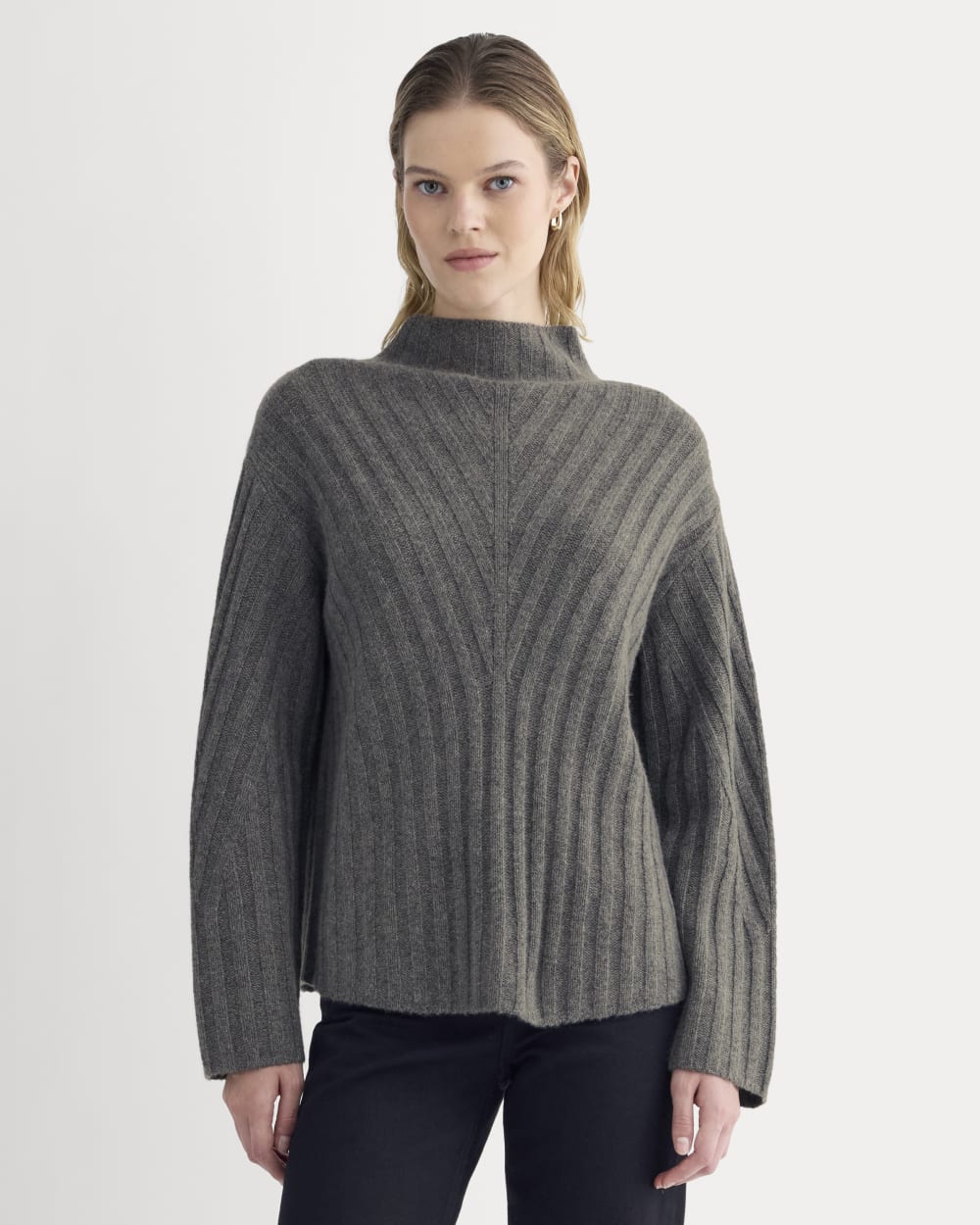 Funnel-Neck Sweater in Wool Cashmere in Heather Charcoal — front view