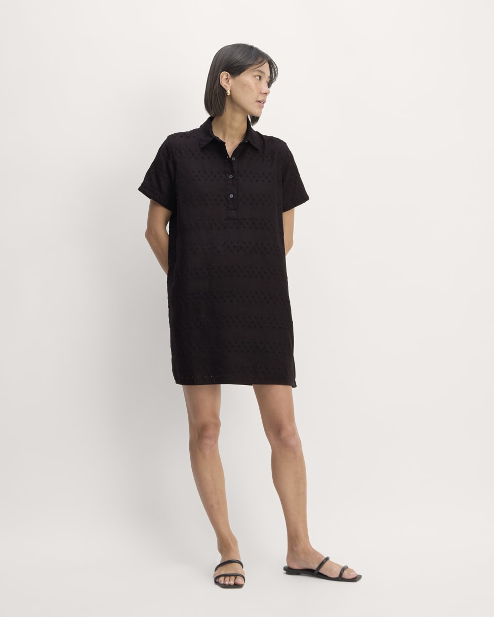 The Linen Eyelet Shirtdress in Black Eyelet — detail view