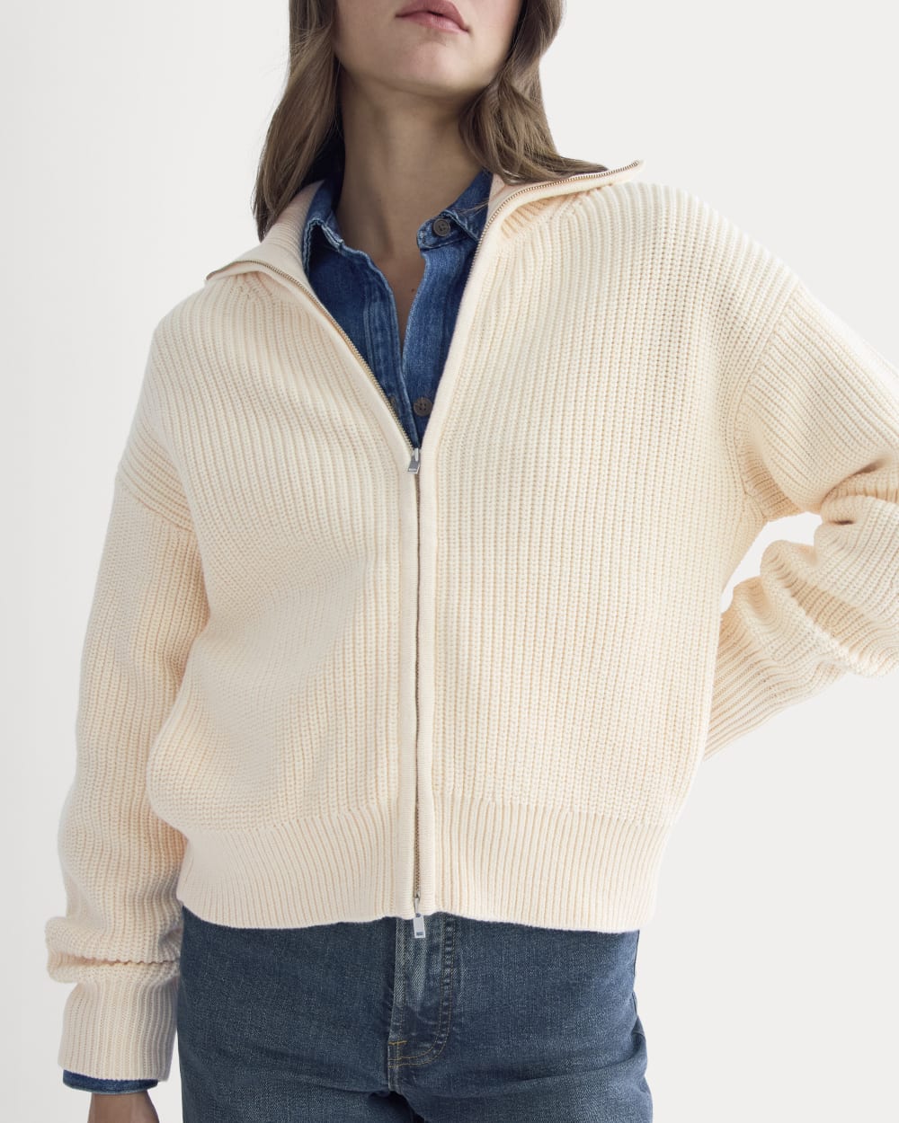 The Full-Zip Sweater in Everyday Cotton in Canvas — detail view