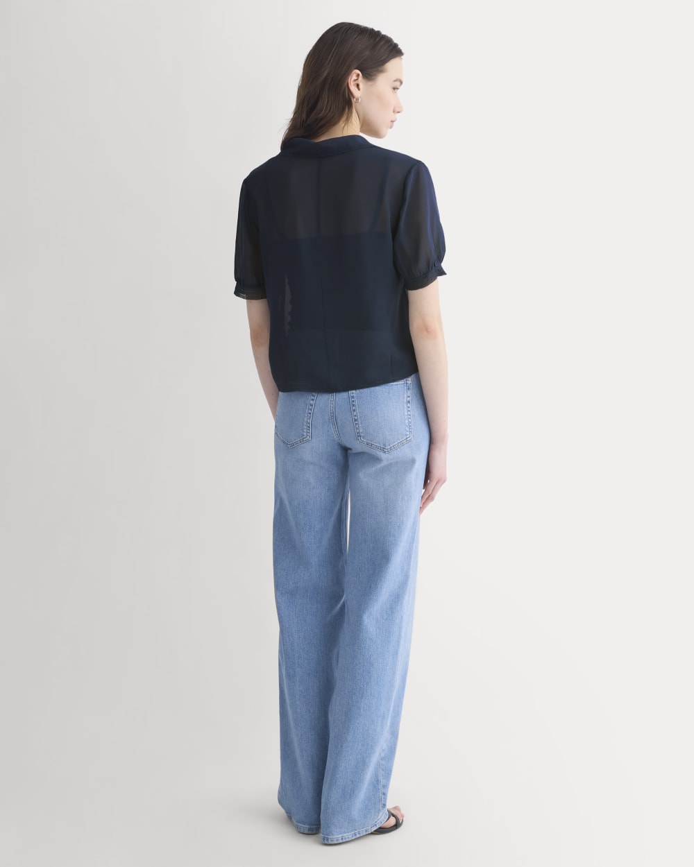 Notch Collar Shirt in Silk Georgette in Navy — detail view