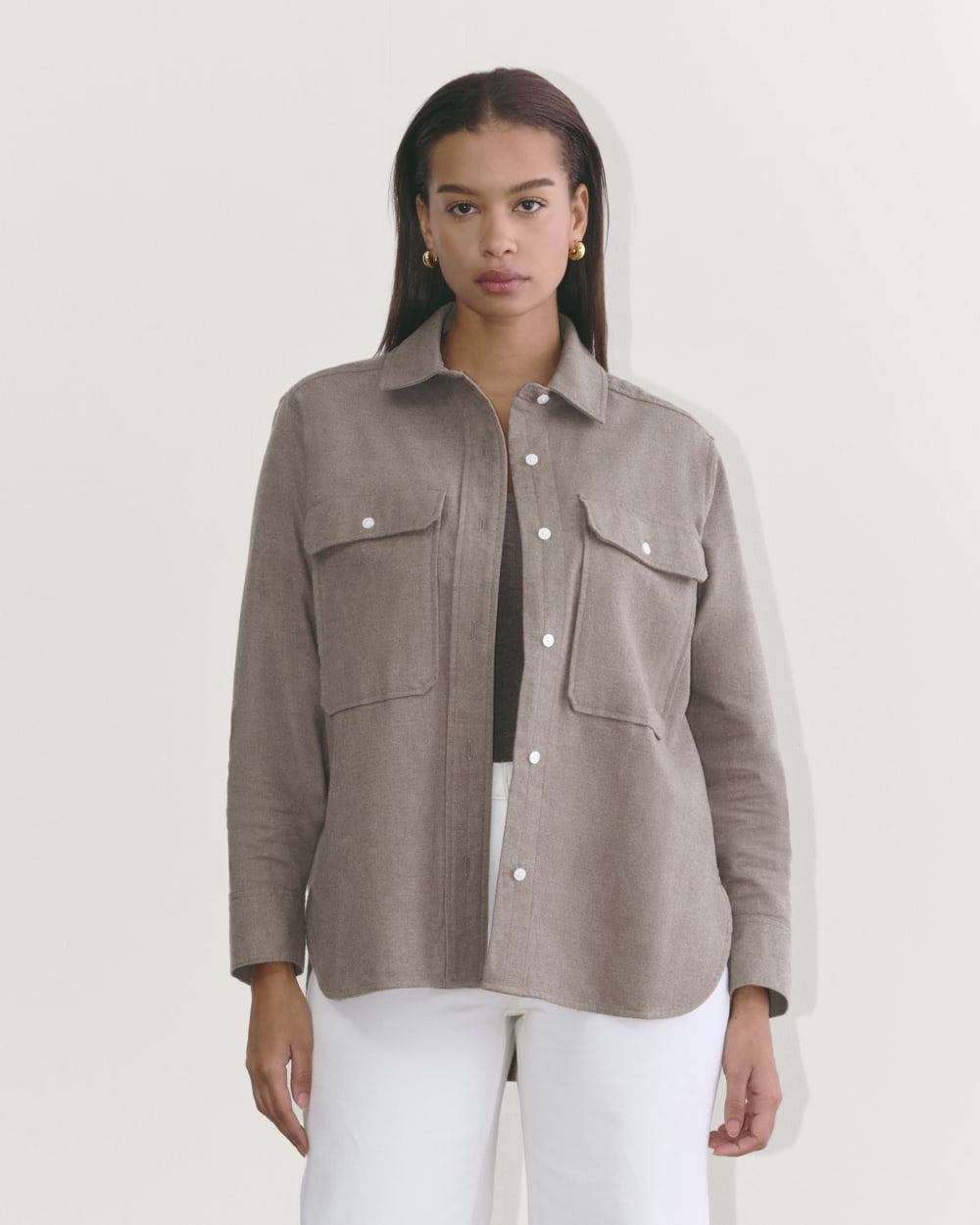 The Boyfriend Shirt in Flannel in Taupe Melange — front view