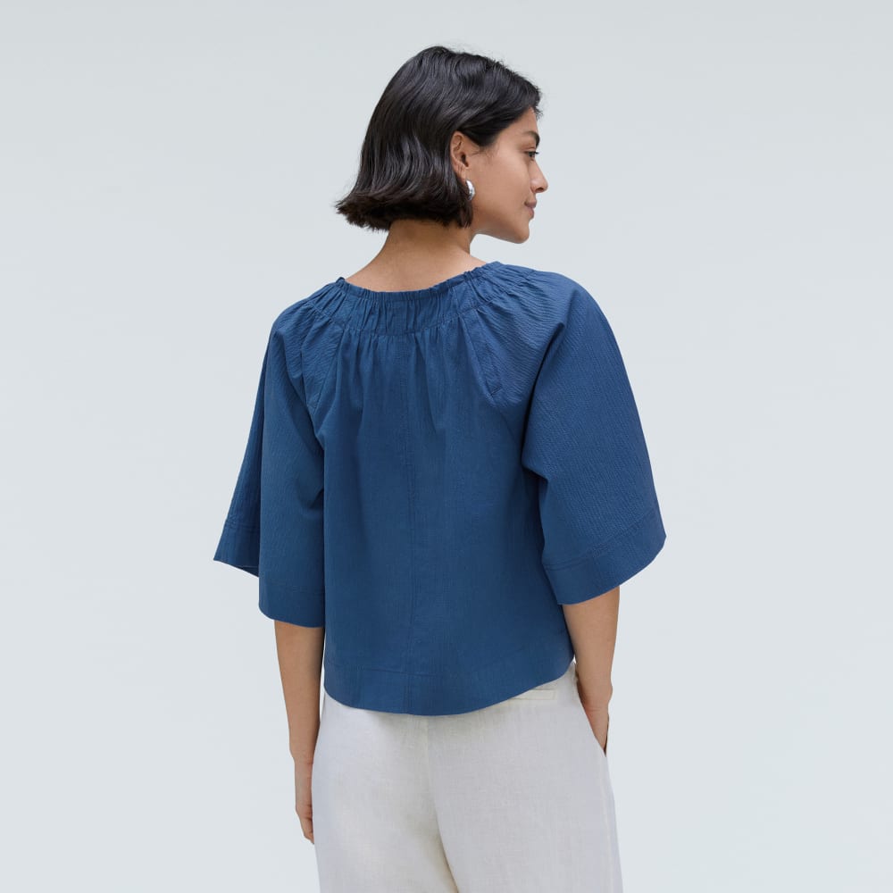 The Seersucker Gathered Tee in Deep Blue — detail view