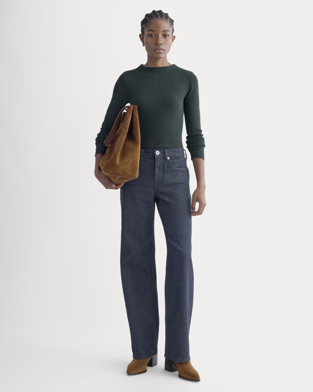 The Luxe Rib Funnel-Neck Tee in Heathered Dark Sea — detail view