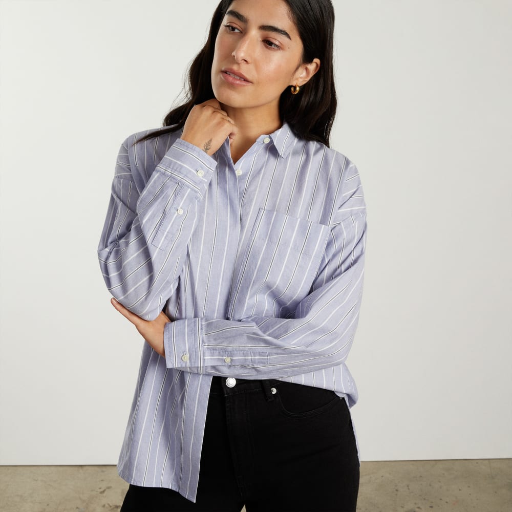 The Oversized Silky Cotton Shirt in Slate Blue — detail view