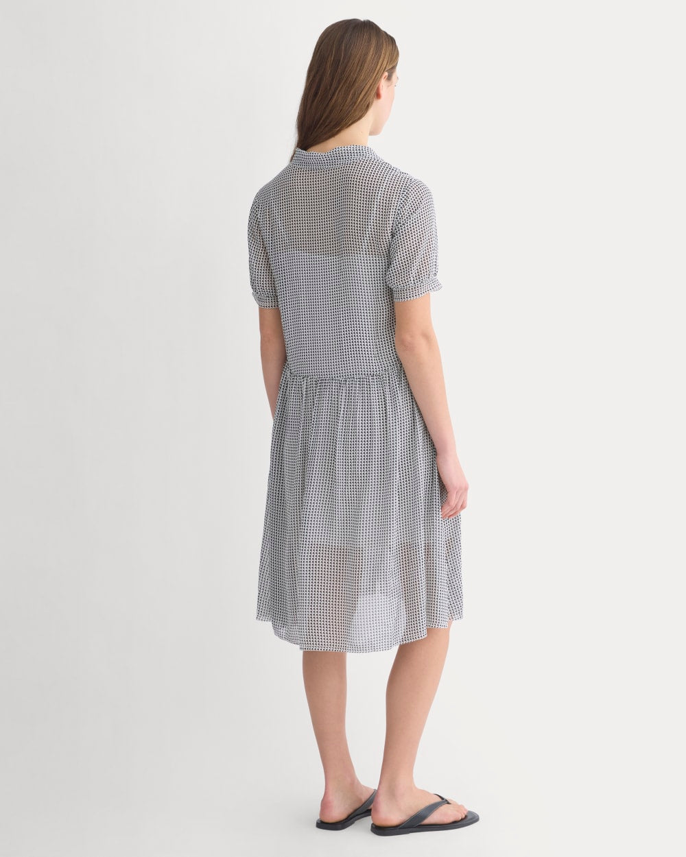 Notch Collar Shirtdress in Silk Georgette in Gardenia/Black Micro Dot — detail view