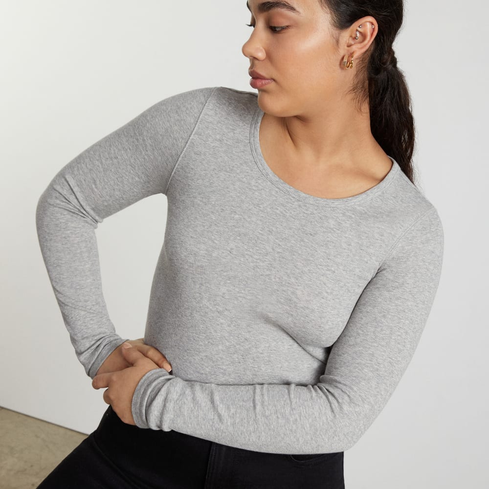 The Pima Micro-Rib Cropped Long-Sleeve Crew in Heathered Grey — detail view
