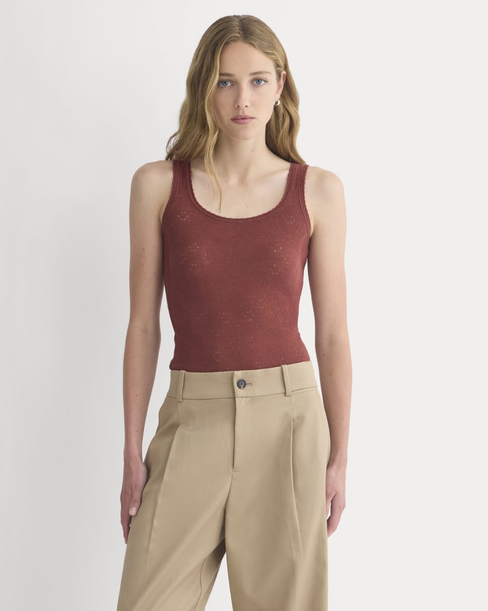 Lace-Trimmed Tank in Fine Linen in Henna Red — front view