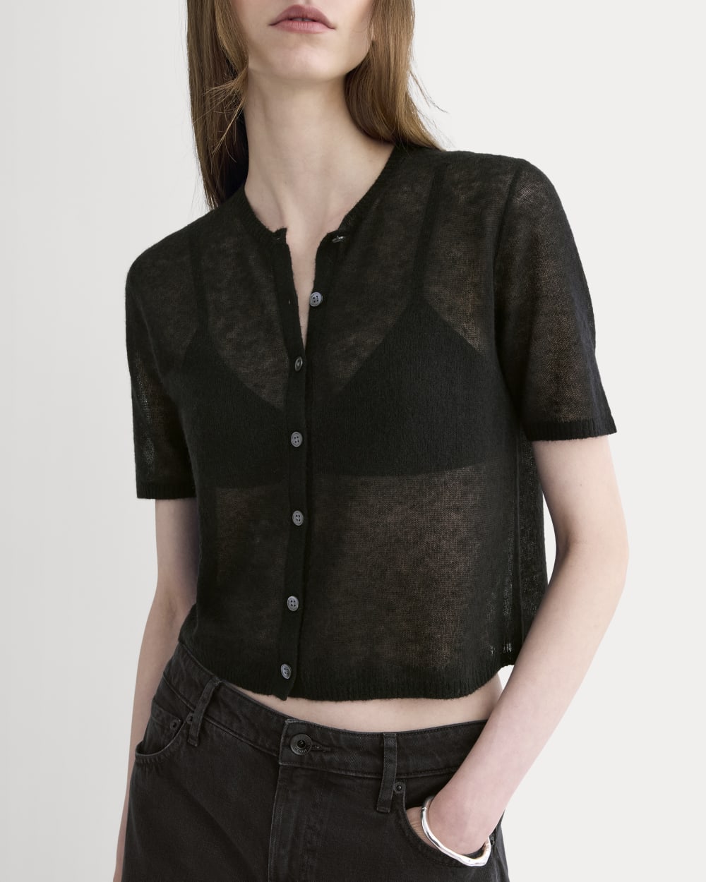The Air Alpaca™ Short-Sleeve Cardigan in Black — detail view