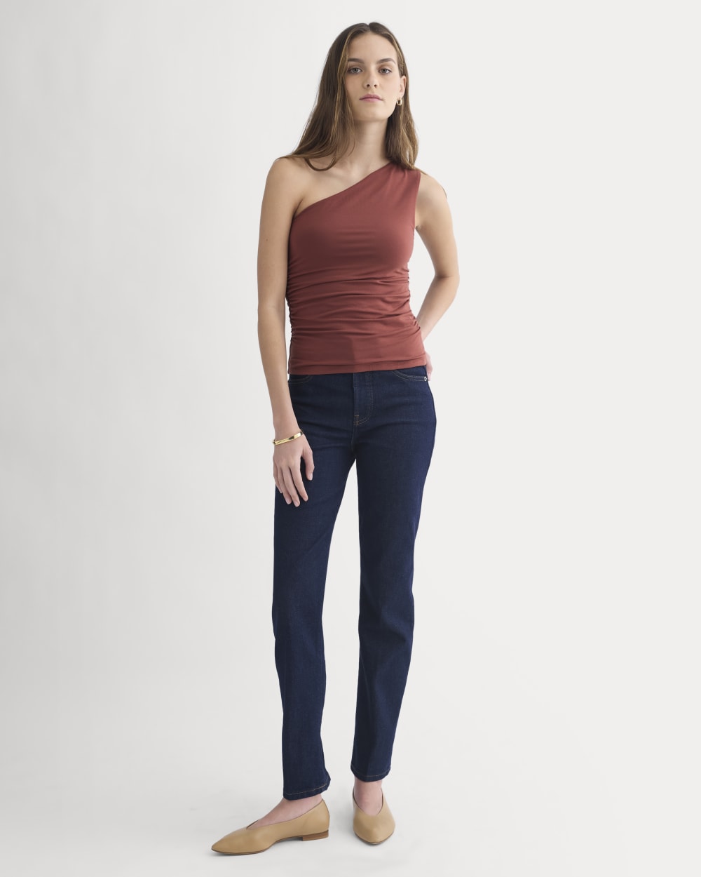 One-Shoulder Top in Henna Red — detail view