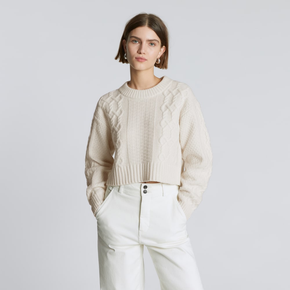 The Felted Merino Cropped Cable Sweater in Bone — detail view