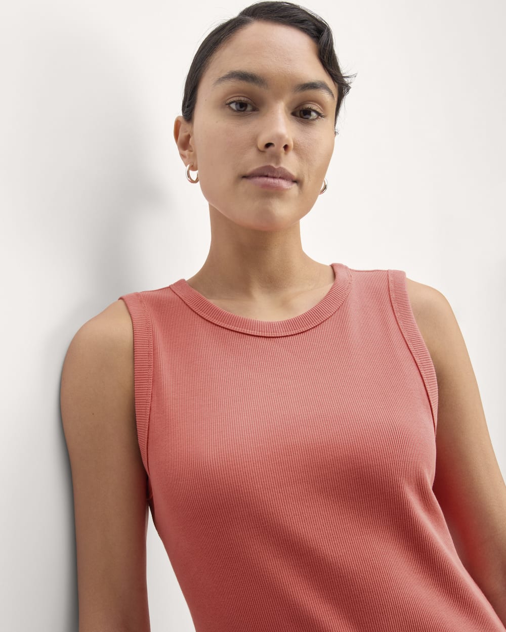 The Ribbed Mini Dress in Coral — detail view