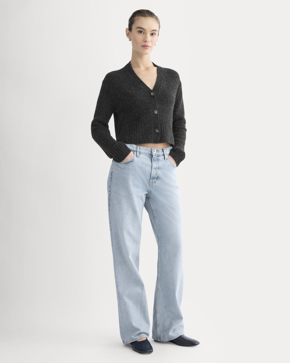 High V Cropped Cardigan in Alpaca in Heather Black — detail view