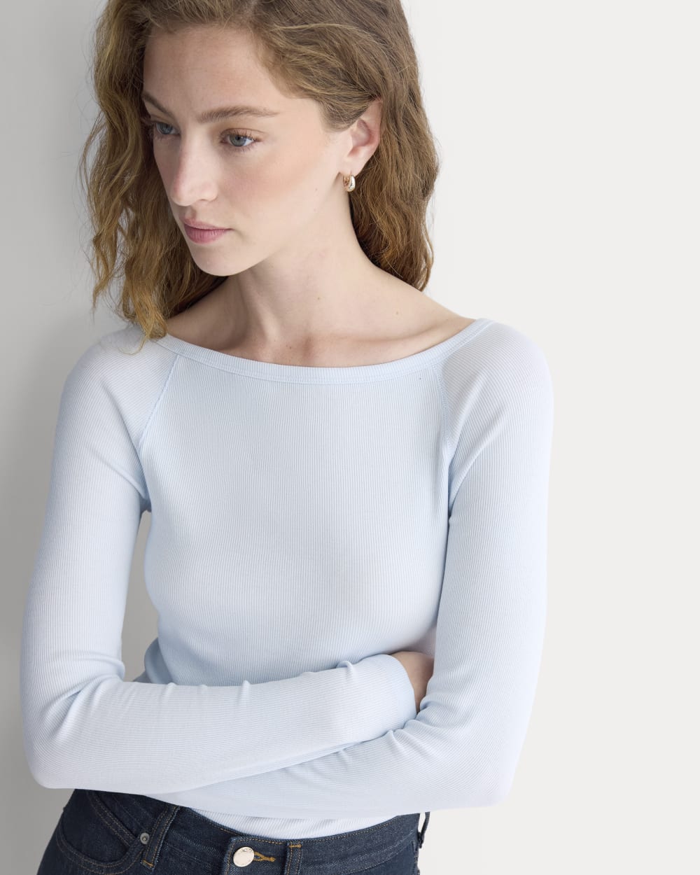 Luxe Rib Boatneck Top in Skywriting — detail view