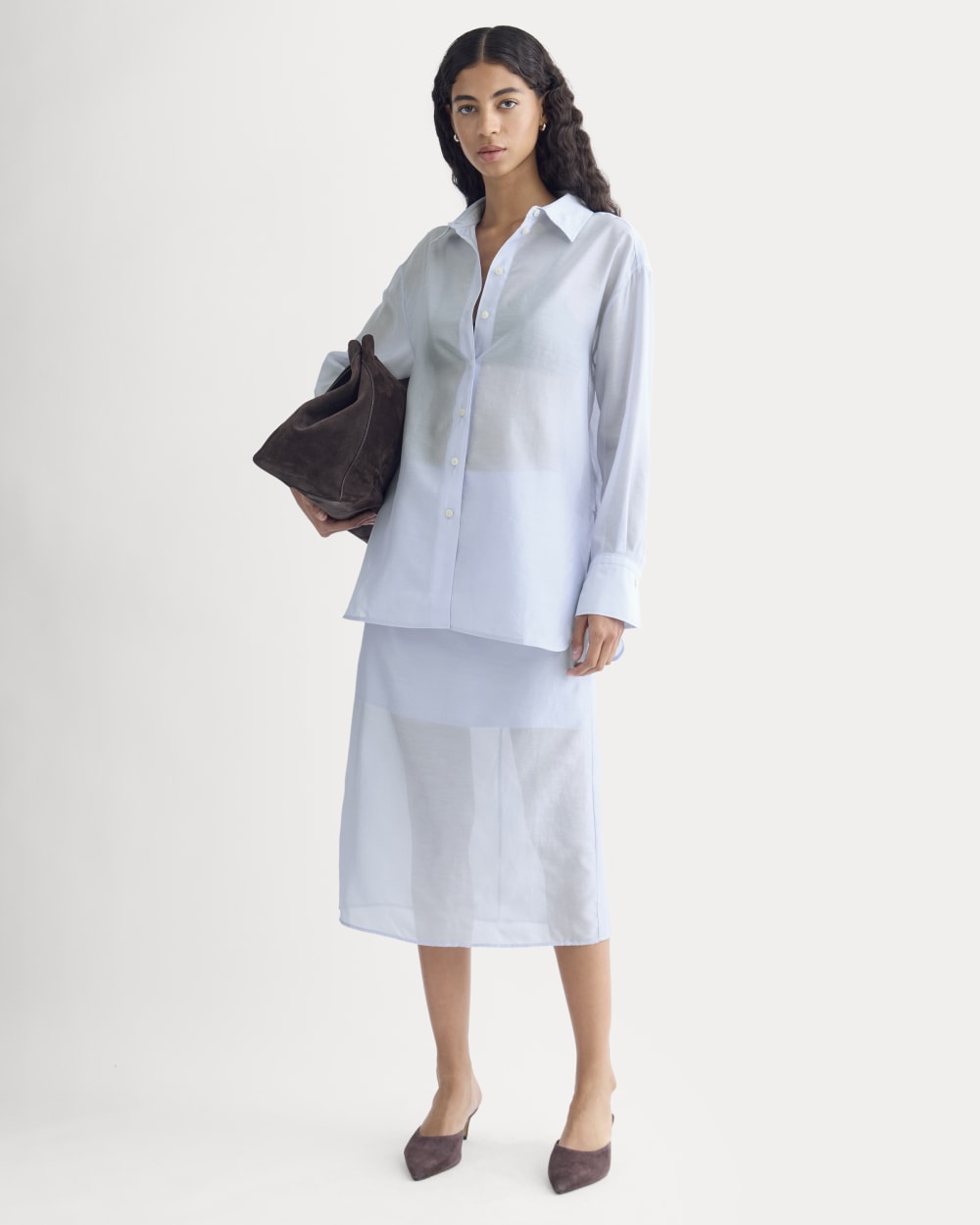 Oversized Shirt in Cotton-Silk Organza in Kentucky Blue — detail view