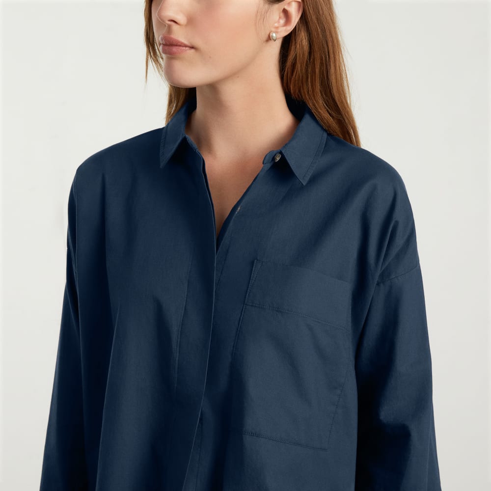 The Oversized Silky Cotton Shirt in Navy — detail view