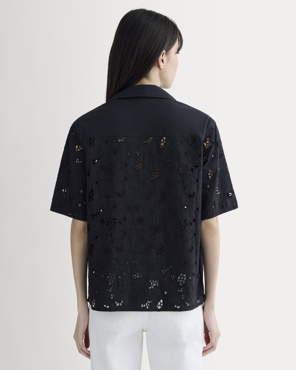 The Eyelet Camp Shirt in Black — detail view