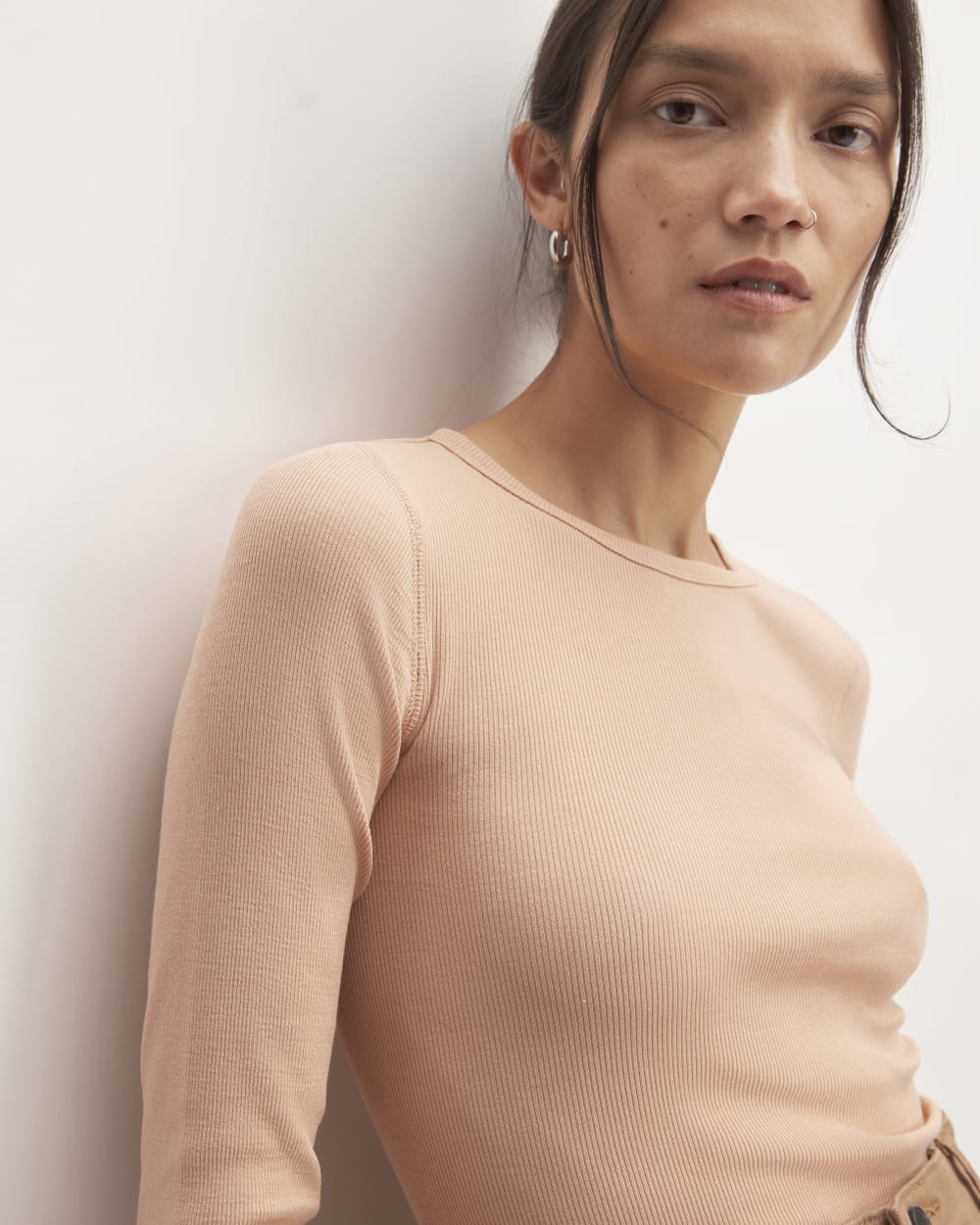 The Luxe Rib Long-Sleeve Crew in Blush Pink — detail view