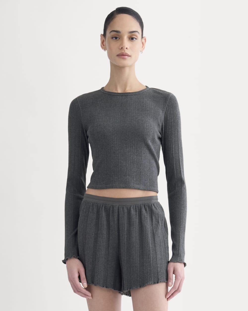 Lounge Rib Cropped Shirt in Heathered Soot — front view