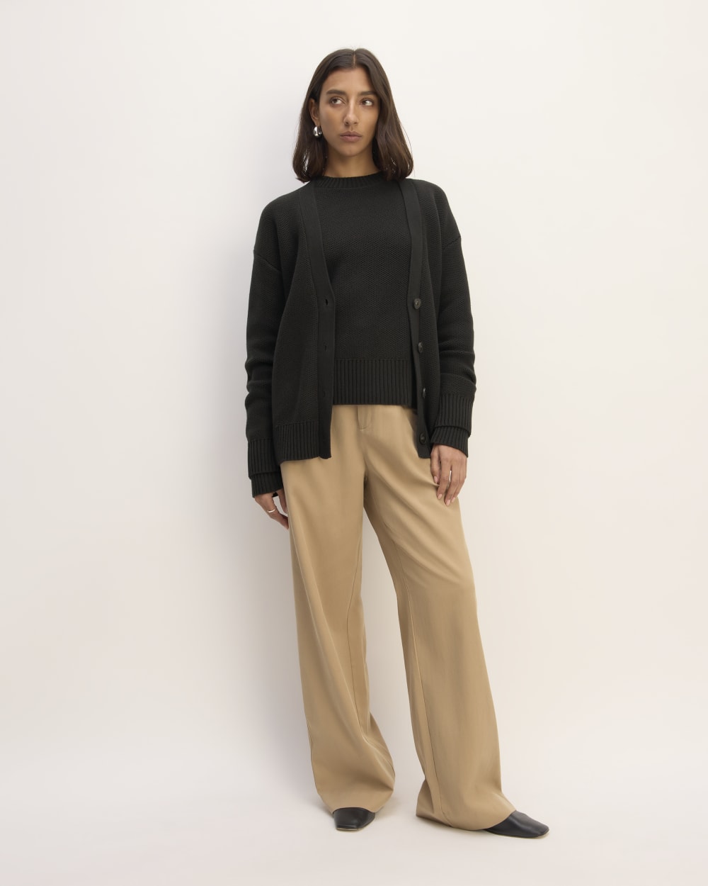 The Cotton Honeycomb Cardigan in Black — detail view