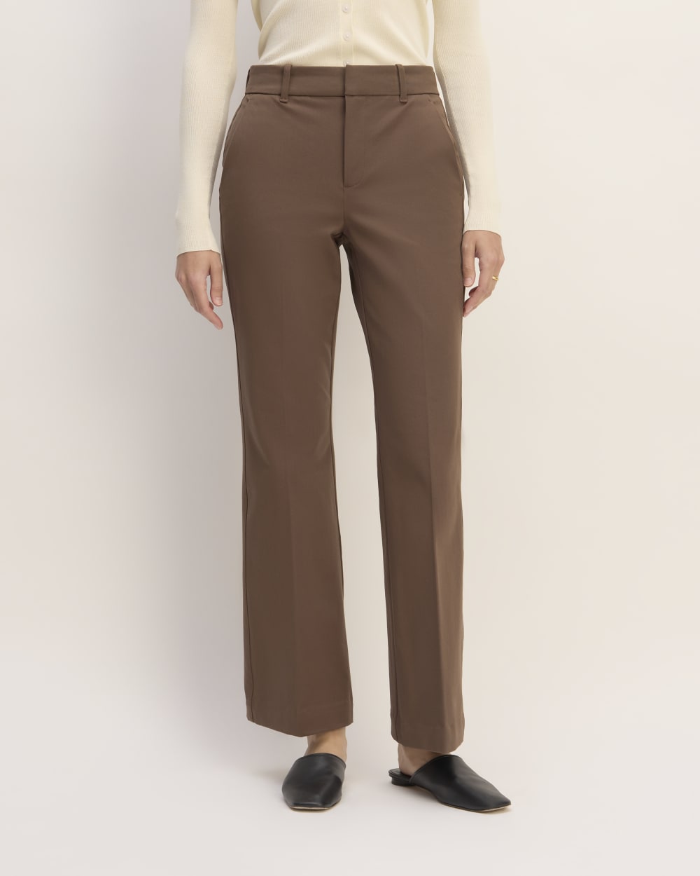 The Bi-Stretch Flare Pant in Cocoa — detail view