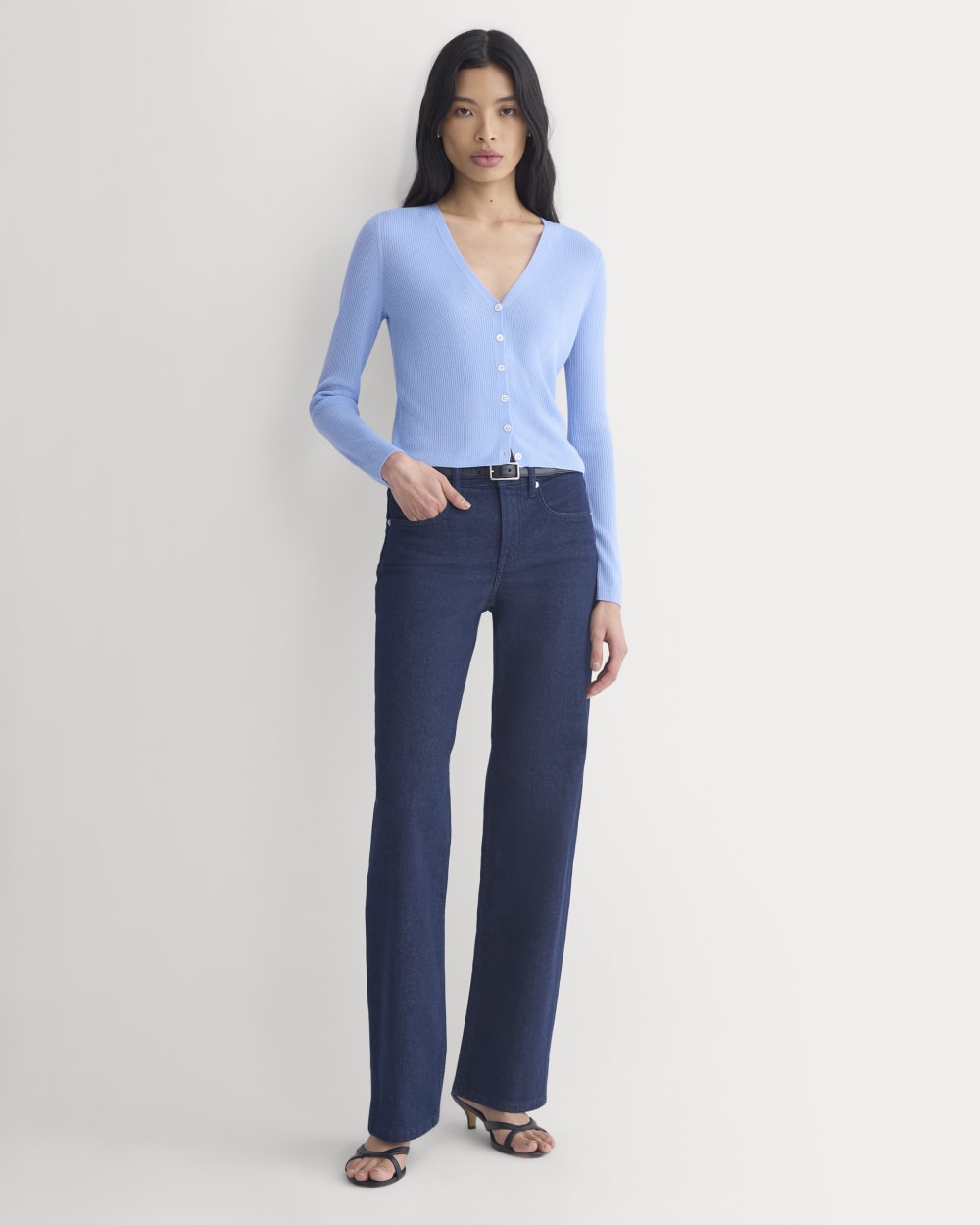 The Cardigan in Ultrasoft Merino in Open Air Blue — detail view