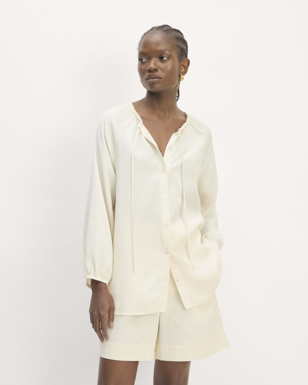 The Gathered Shirt in Butterlite in Bone — front view