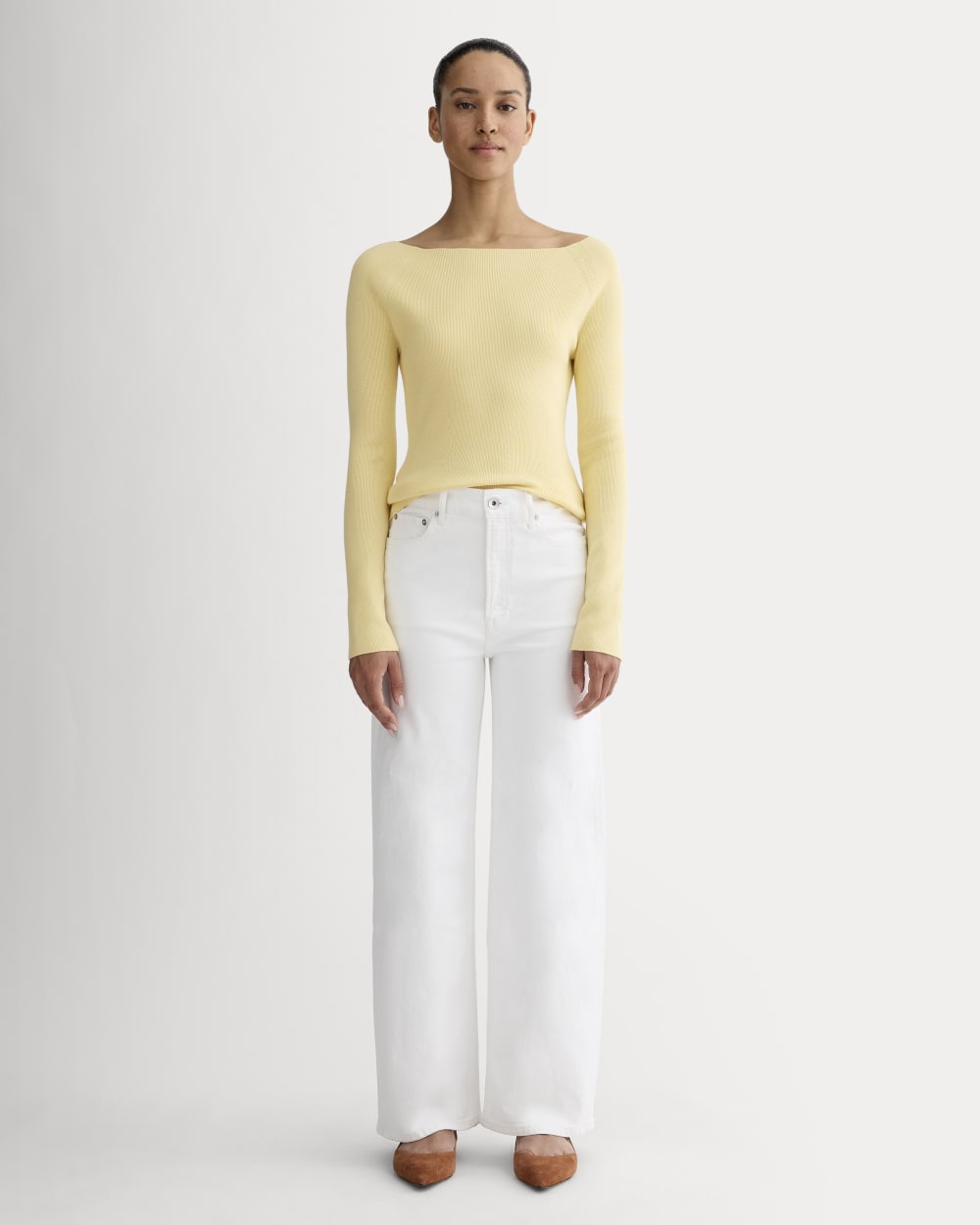 The Knit Boatneck Top in Banana Crepe — detail view