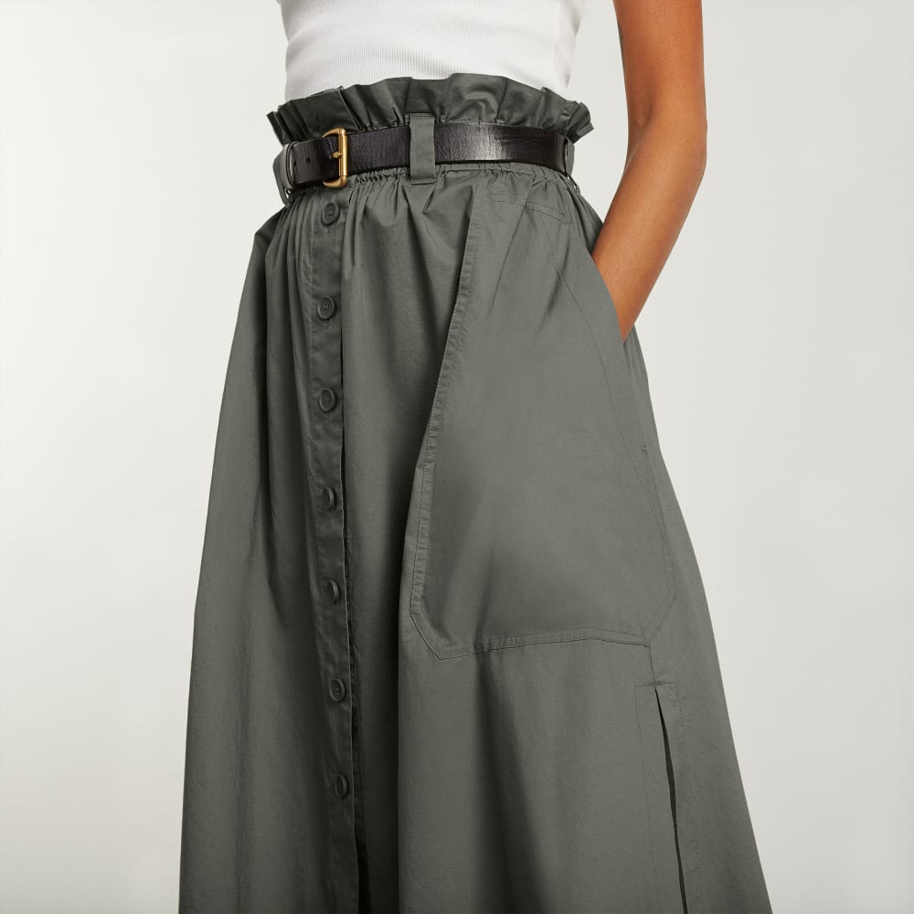 The Easy Button-Front Skirt in Pewter Green — detail view
