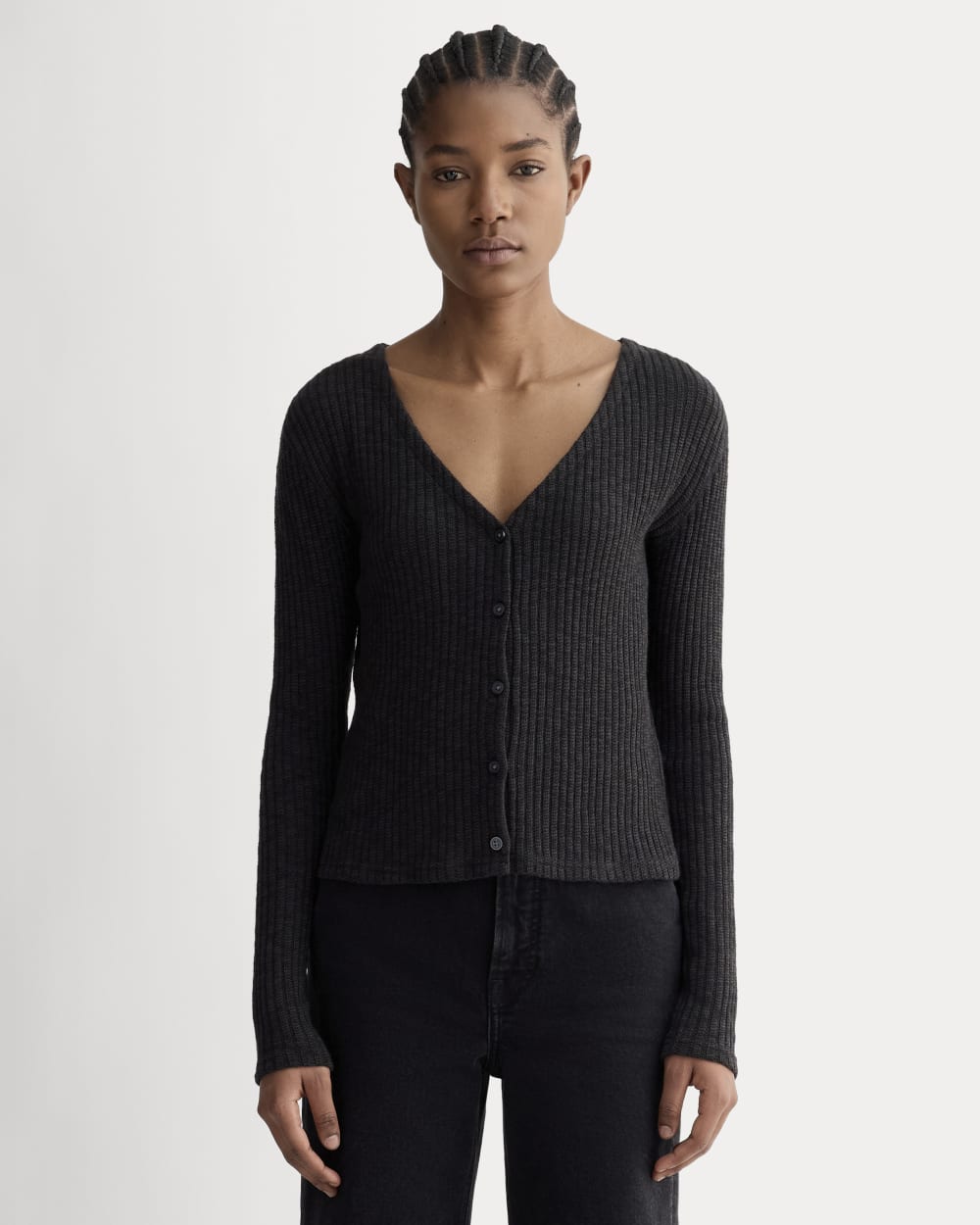The Cozy Rib Cardigan in Black — front view