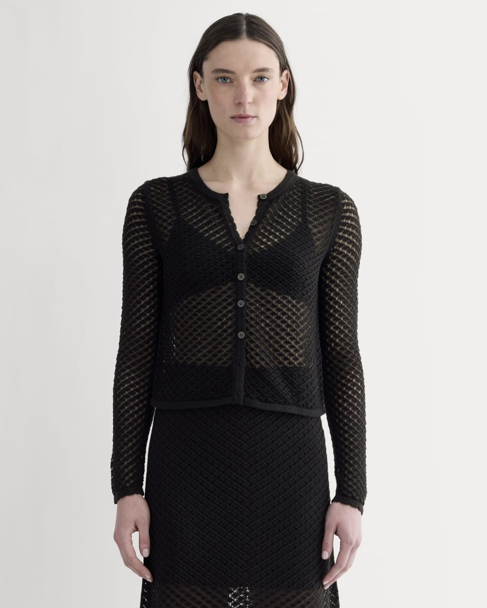 The Lace Knit Cardigan in Black — front view