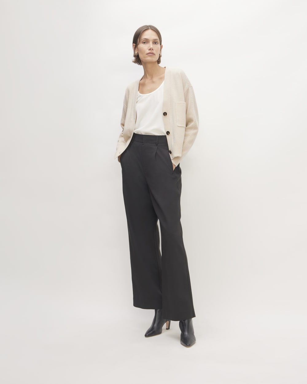 The Good Merino Wool Cardigan in Buttermilk / White — detail view