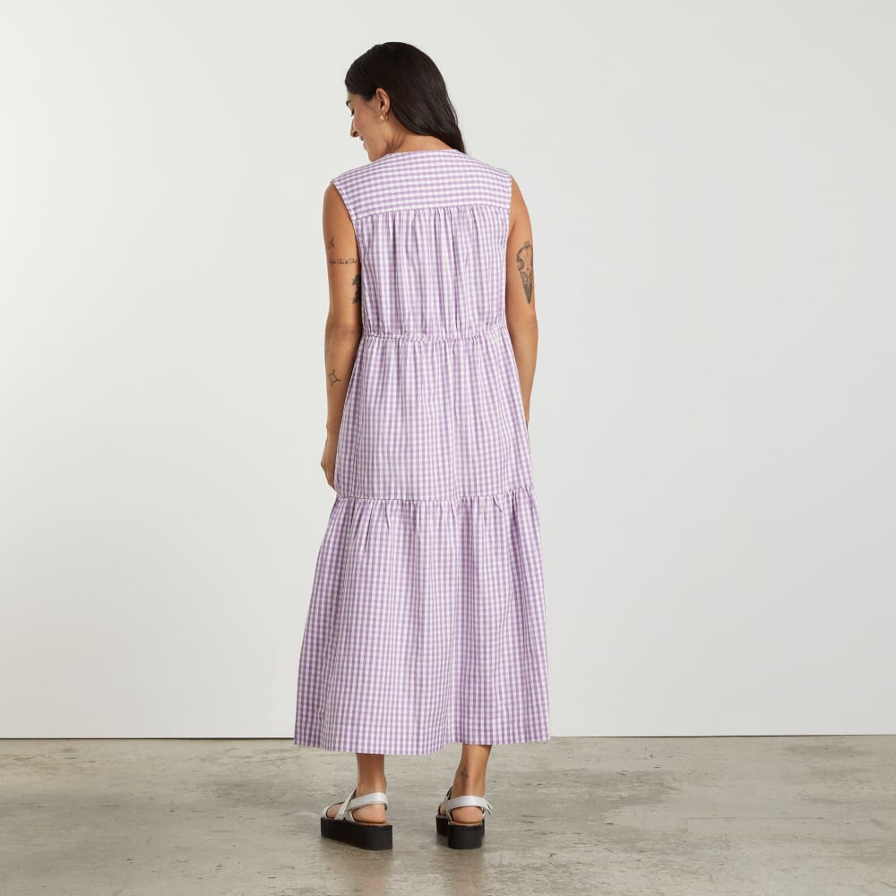 The Tiered Midi Dress in Orchid Gingham — detail view