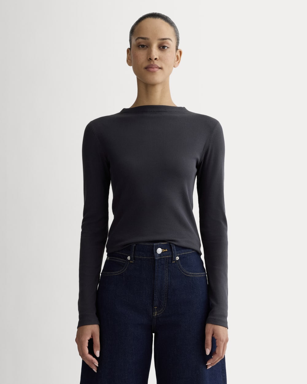 The Luxe Rib Funnel-Neck Tee in Navy — front view