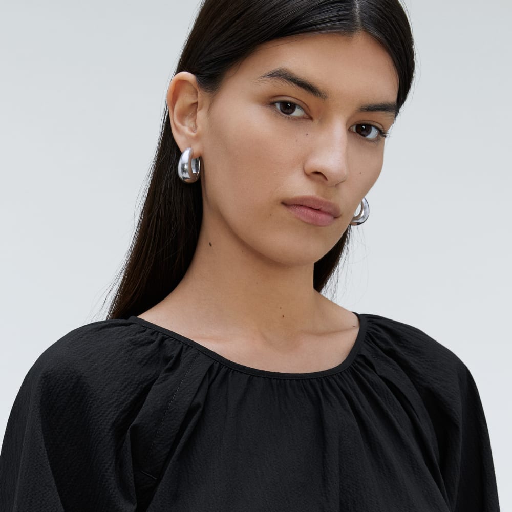 The Seersucker Puff Sleeve Dress in Black — detail view
