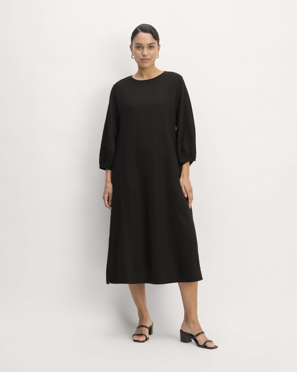 The Linen A-Line Midi Dress in Black — detail view