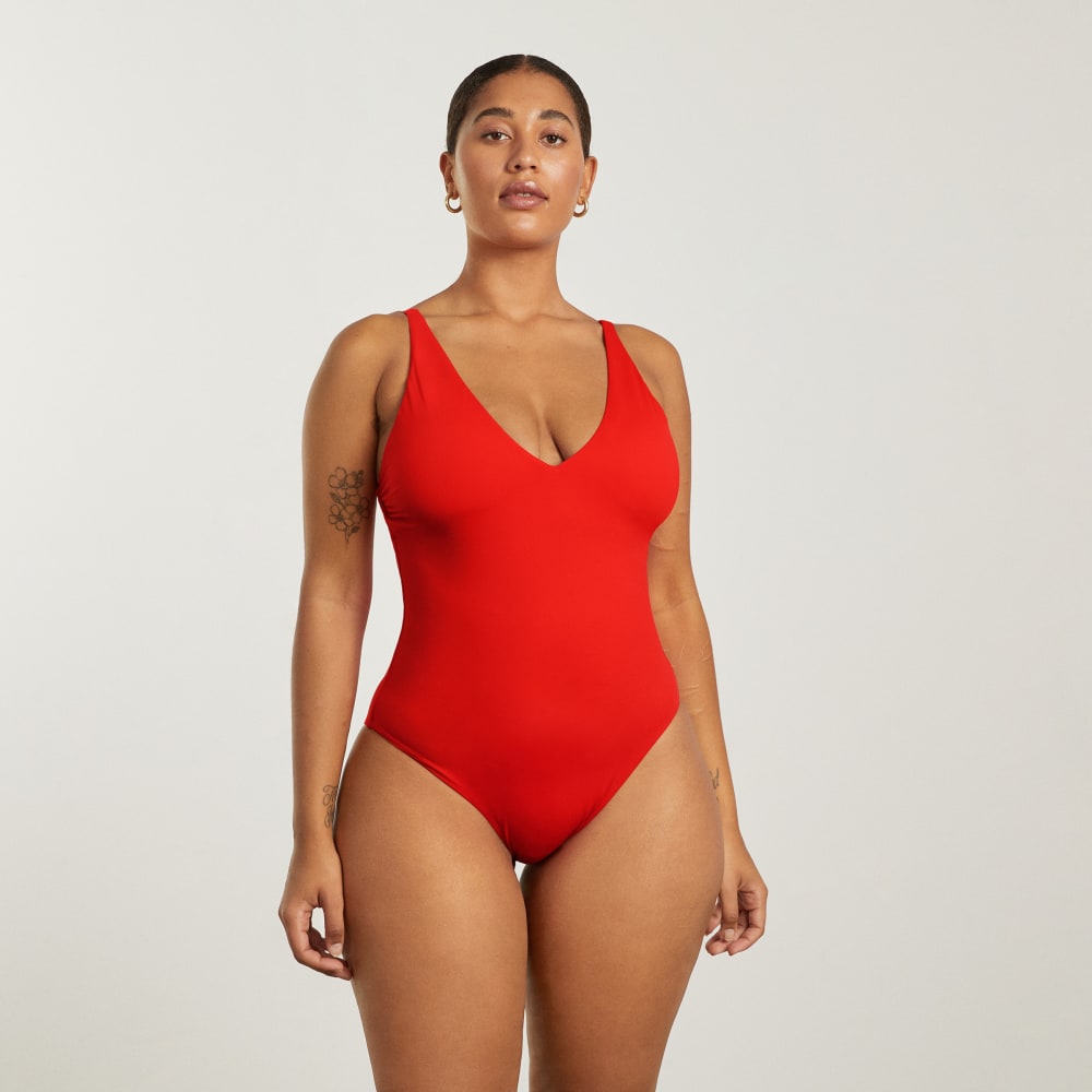 The V-Neck One-Piece in Bright Red — alternate view