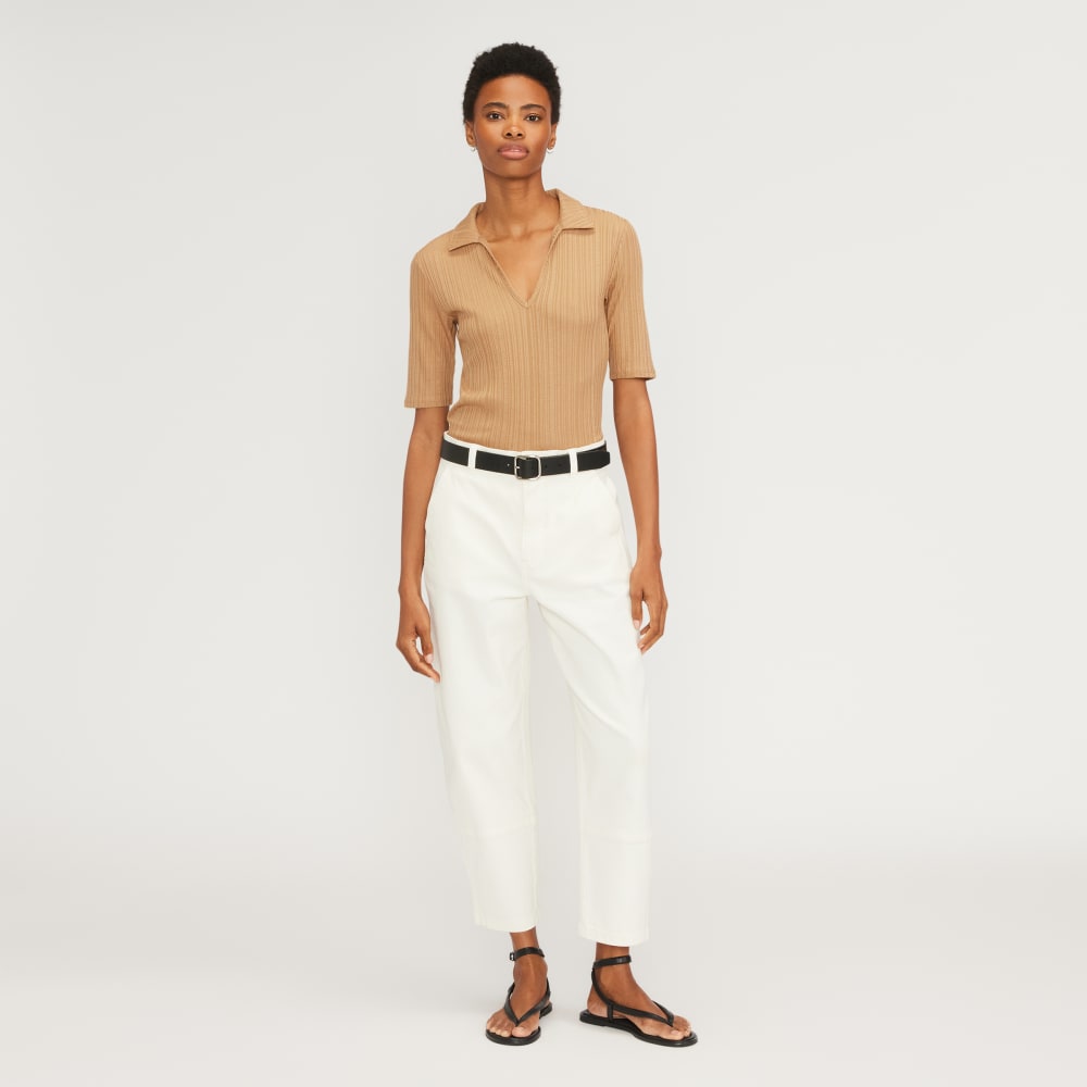 The Rib Soft Knit Open Collar Polo in Caramel — detail view